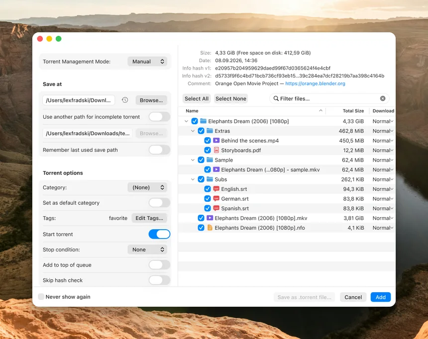 The Add Torrent window with the file tree and options