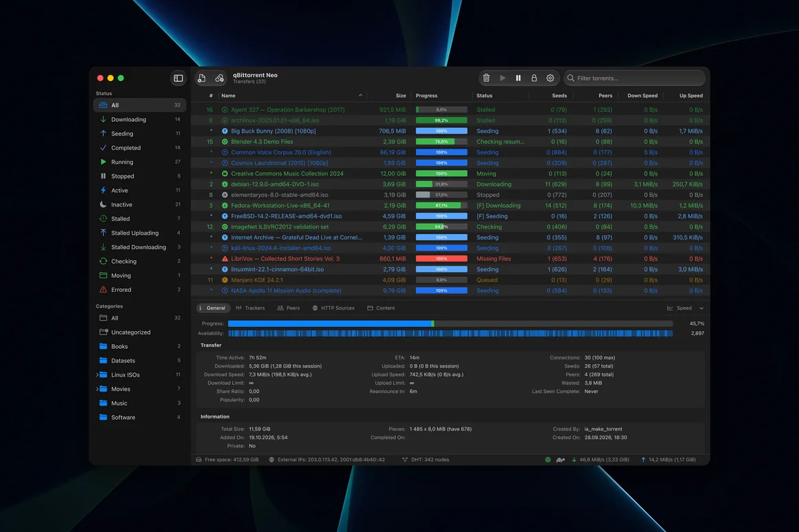 qBittorrent Neo: the main window with the torrent list, filters and details
