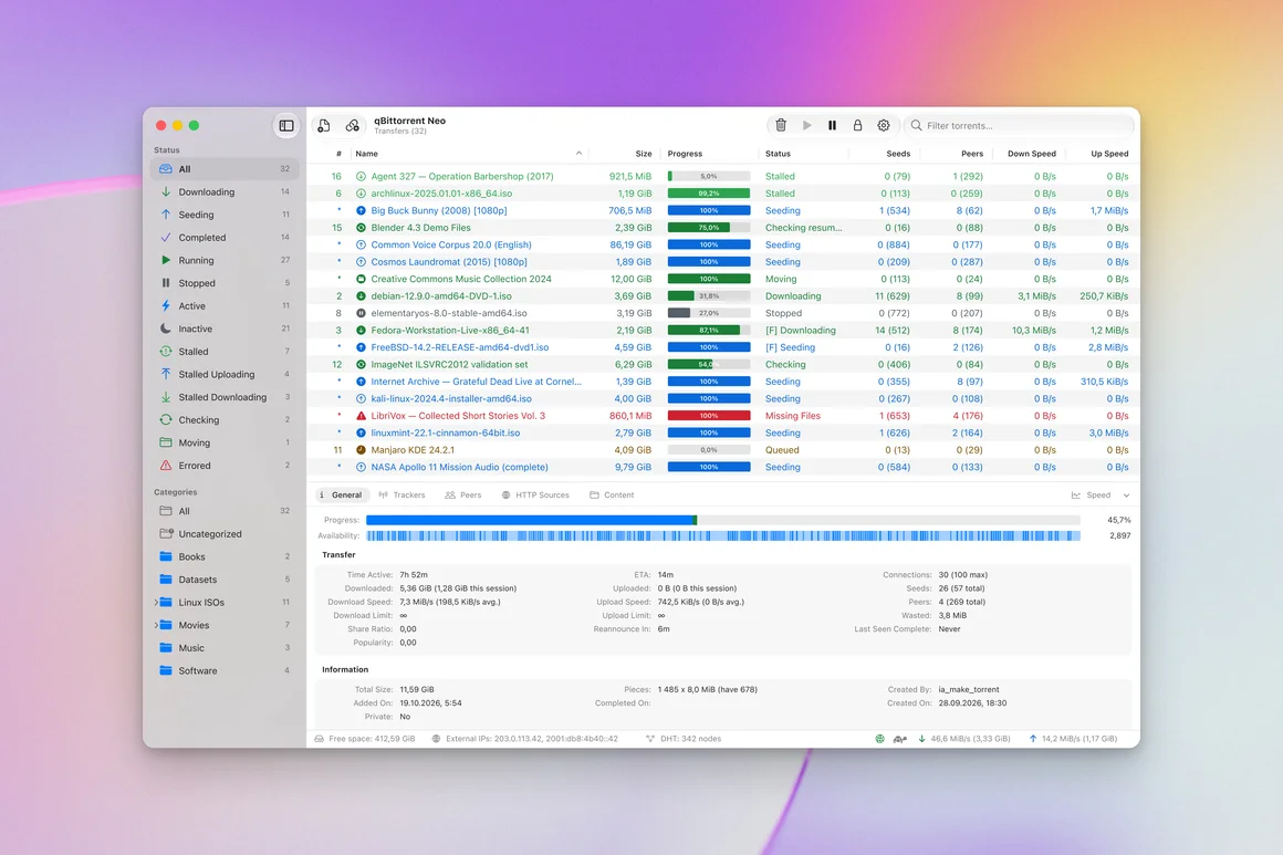 qBittorrent Neo: the main window with the torrent list, filters and details