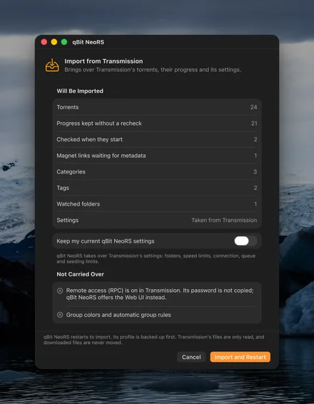 Importing from Transmission: what will be brought over
