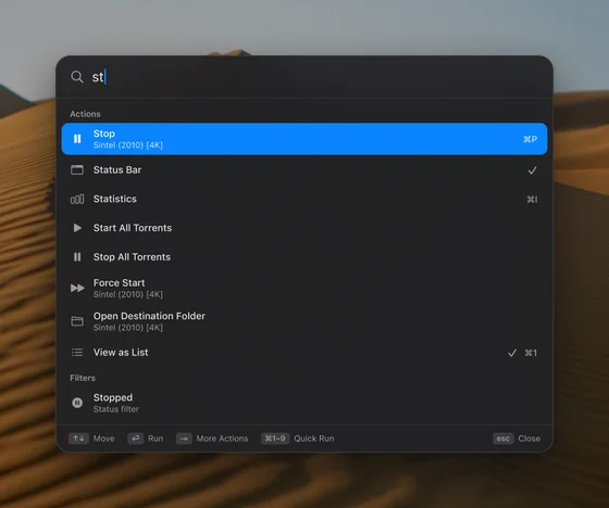 The command palette with matching actions