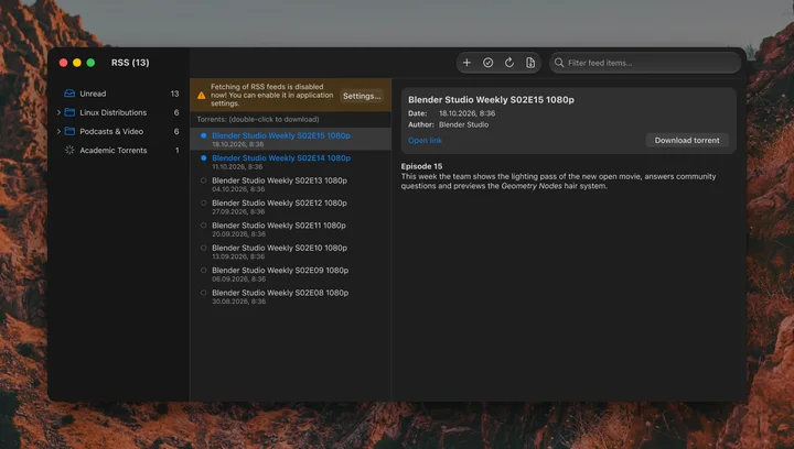 The RSS reader with feeds and articles
